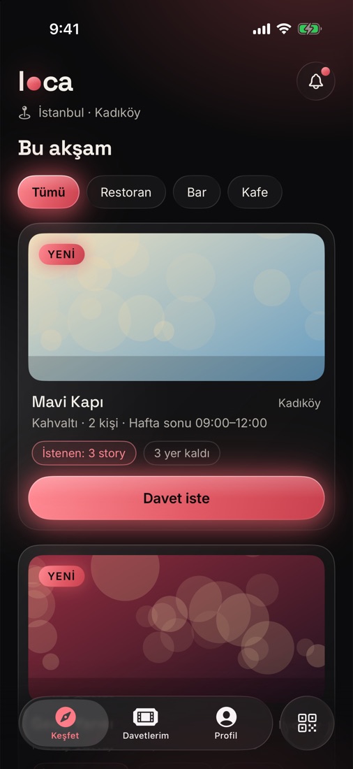 Loca uygulamasında Keşfet ekranı: Kadıköy'deki mekanların teklifleri